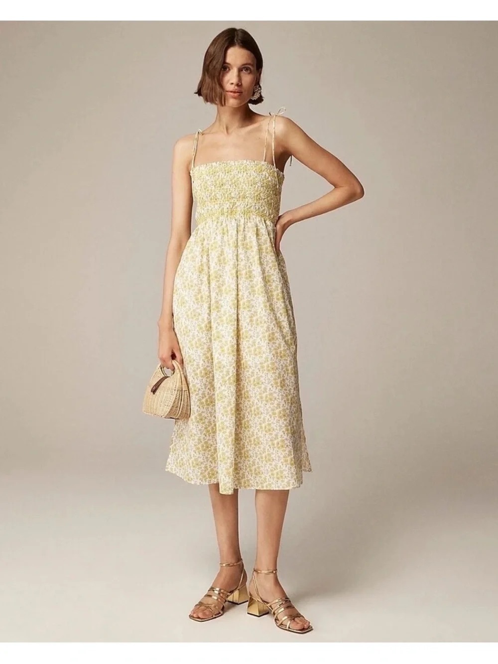 J. Crew X Liberty Yellow Floral Smocked Midi Dress